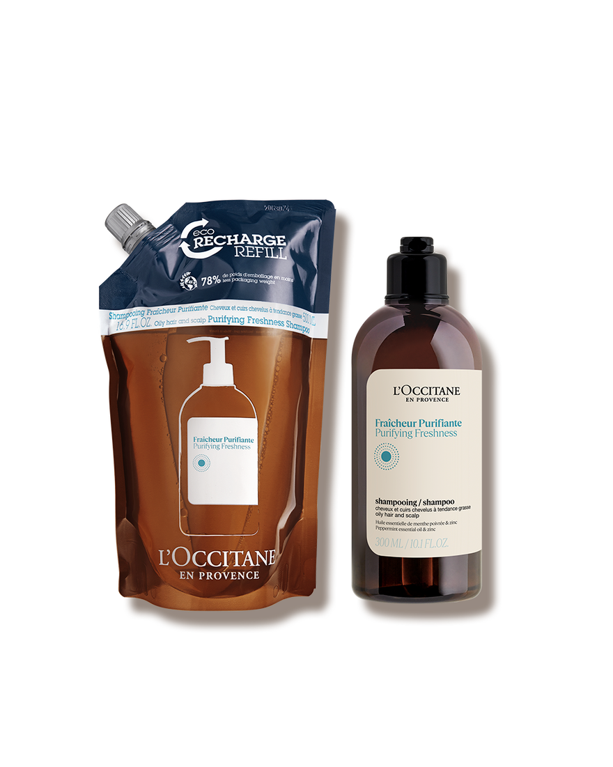 D&uacute;o Champ&uacute; Frescor Revitalizante 300ml y su Recarga de 500ml. | L&rsquo;Occitane en Provence